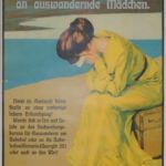 Das Plakat zeigt eine weinende junge Frau, daneben findet sich eine Warnung für Auswanderer